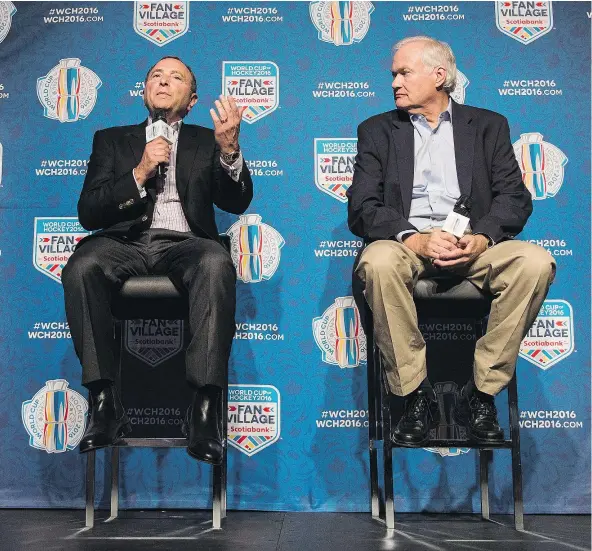  ?? — THE CANADIAN PRESS ?? On Wednesday, NHL commission­er Gary Bettman, left, and executive director of the NHLPA Don Fehr told media the World Cup of Hockey in Toronto (Sept. 17 to Oct. 1) is already 90 per cent sold out despite single-game tickets only going on sale Thursday.