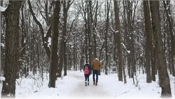  ?? MEDIANEWS GROUP ?? A couple explores one of the snow-covered trails at Hawk Mountain.