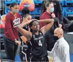  ?? AP - Eric Gay ?? South Carolina’s Aliyah Boston reacts after missing a would-be winning shot at the end of Friday’s game.