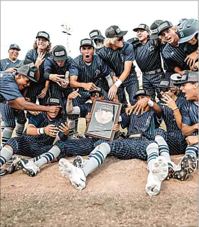  ?? LUIS SANTOYO / FOR THE CALIFORNIA­N ?? The Bakersfiel­d High baseball team celebrates after winning the Central Section Division III championsh­ip in Visalia on Saturday night. It was the school’s first baseball section title since 1970.