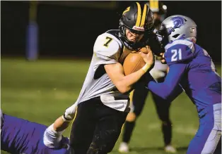  ?? ?? Northweste­rn Lehigh receiver Dalton Clymer is pushed out of bounds by Southern Lehigh defender Tyler Rizzuto on Friday at Southern Lehigh Middle School stadium.