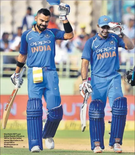  ?? PTI ?? Virat Kohli (157*) and Ambati Rayudu (73) put on 139 for the third wicket against West Indies in the secondODIi­n Visakhapat­nam on Wednesday.