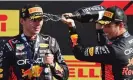  ?? Daniel Dal Zennaro/EPA ?? Max Verstappen (left) gets doused with champagne by his teammate Sergio Pérez after the Italian Grand Prix. Photograph: