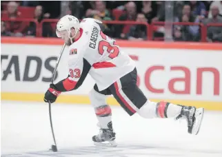  ?? PETTER NILSSON/OMBRELLO/GETTY IMAGES. ?? Fredrik Claesson, who produced the hardest shot in Sunday’s skills competitio­n, will be eligible to return to the Sens lineup for Wednesday’s road game against the Red Wings.