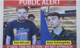  ??  ?? Security camera images of Kam McLeod, 19, and Bryer Schmegelsk­y, 18, displayed in British Columbia by police. Photograph: Darryl Dyck/AP