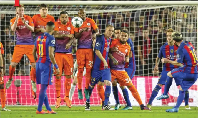  ??  ?? BARCELONA: Barcelona’s Lionel Messi kicks the ball during a Champions League, Group C soccer match between Barcelona and Manchester City, at Camp Nou stadium in Barcelona, yesterday. — AP