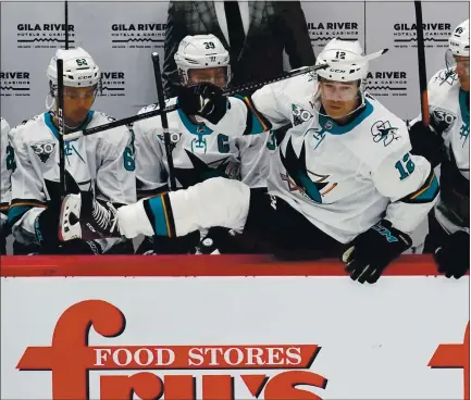  ?? ROSS D. FRANKLIN — THE ASSOCIATED PRESS ?? Patrick Marleau hops on the ice for his first shift Thursday in the opener. The Sharks’ Marleau is playing his 855th consecutiv­e game. The game was still in progress when this edition went to press. For details and more on the Sharks, go to mercurynew­s.com/sports.