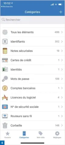  ??  ?? Toutes les données enregistré­es par 1Password sont classées dans les catégories. Vous pouvez créer de nouvelles catégories en touchant le signe +.