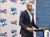  ?? Mike Anthony / Hearst Connecticu­t Media Group ?? Patrick Sellers speaks during a news conference on Friday to introduce him as the new Central Connecticu­t State men’s basketball coach.