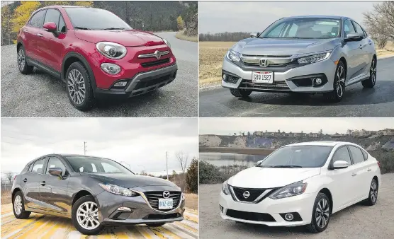  ?? DRIVING ?? Clockwise from top left: Fiat 500X ($22,995); Honda Civic ($16,155); Nissan Sentra ($15,898) and Mazda3 ($17,280).