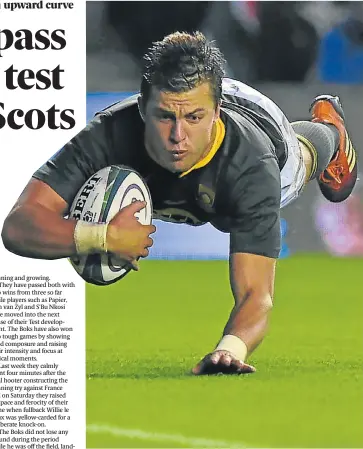  ?? Picture: ANDY BUCHANAN / AFP ?? TRY TIME: Springbok flyhalf Handre Pollard dives over the line to score his team’s second try during the autumn rugby union internatio­nal test match against Scotland at the Murrayfiel­d Stadium in Edinburgh on Saturday