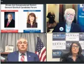  ?? LEAGUE OFWOMEN VOTERS ?? Ann Lee, co-president of League ofWomen Voters of the La Grange Area, clockwise from top right, Democrat Marie Newman and Republican Mike Fricilone participat­e in a video forum Thursday.