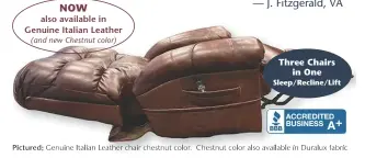  ??  ?? Pictured: Genuine Italian Leather chair chestnut color. Chestnut color also available in Duralux fabric