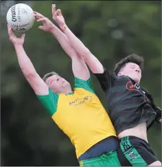  ??  ?? Stabannon Parnells’ Shane Sweeney fields the ball under pressure from Dermot Mone of Dundalk Young Irelands.