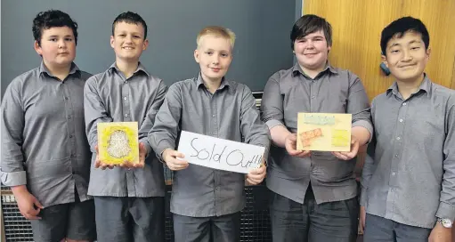  ?? PHOTO: ABBEY PALMER ?? Nailed it . . . James Hargest Junior Campus pupils and Nail Board Art business founders (from left) MacKinlay Lytti, Ollie Wilkinson, Charlie Winter, Zach Clyma and Joe Matsuo (all 13) sell out at the school’s annual Business Day.