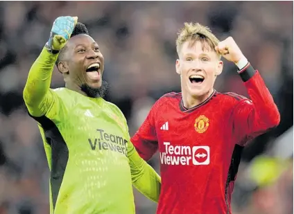  ?? Photo / AP ?? Manchester United’s Andre Onana and Scott McTominay celebrate after knocking Liverpool out of the FA Cup.