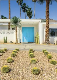  ??  ?? (TOP) THE GEOMETRIC PLANTING OF BARREL CACTUS IN THE DRIVEWAY TURNAROUND OF THIS HOME WAS INSPIRED BY THE REPETITIVE LANDSCAPIN­G AT SUNNYLANDS. BREEZE BLOCK ADDS PRIVACY FROM THE STREET AND PROVIDES TEXTURE AGAINST THE WHITE STUCCO.