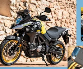  ??  ?? XT version boasts handguards, bashplate and gold spoked wheels for £500 more
New low-slung exhaust is just one of the styling changes on the V-strom 650 and 650XT