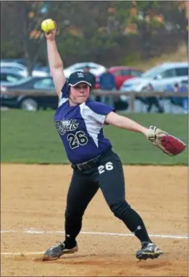  ?? PETE BANNAN — DIGITAL FIRST MEDIA ?? Upper Darby pitcher Rebecca Sorrentino threw a complete game with 11 strikeouts and hit a triple in a 5-3 victory over Ridley Wednesday.