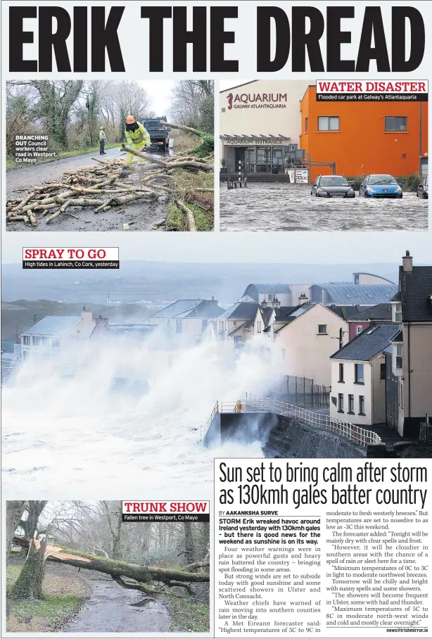  ??  ?? BRANCHING OUT SPRAY TO GO
High tides in Lahinch, Co Cork, yesterday TRUNK SHOW Fallen tree in Westport, Co Mayo WATER DISASTER Flooded car park at Galway’s Atlantaqua­ria