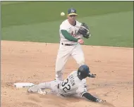  ??  ?? A’s second baseman Tommy La Stella throws to first base after forcing out the White Sox’s Jarrod Dyson at second base on a double play during the eighth inning of Game 3.