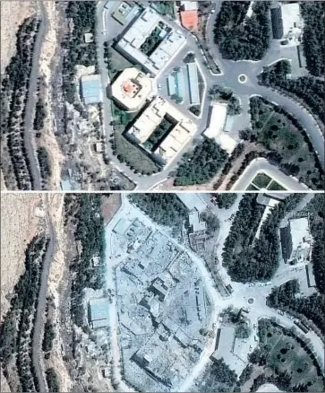  ?? DigitalGlo­be ?? SATELLITE images show Syria’s Barzeh Research and Developmen­t Center before and after the attack.