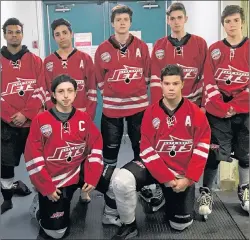  ?? SUBMITTED PHOTO/FRED HEAD ?? Players of the Cape Breton Jets who compete in the Nova Scotia Minor Midget ‘AAA’ Hockey League are pictured above, kneeling, left to right, Jason Johnson, Adam Wilson. Standing, from left to right, Jonathan Dolomont, Nathaniel Fuller, Nick Pastuck,...