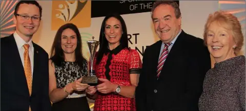  ??  ?? Patrick Donovan TD, Minister of State for Tourism and Sport with September’s monthly winner’s Katie-George Dunlevy and Eve McCrystal (Cycling); Malachy Logan, Sports Editor of The Irish Times and Patrick Donovan TD, Minister of State for Tourism and...