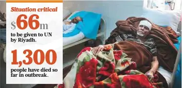  ?? AP ?? People are treated for suspected cholera at a hospital in Sana’a. The number of cases in the country could grow to 300,000 by September, UN officials say.