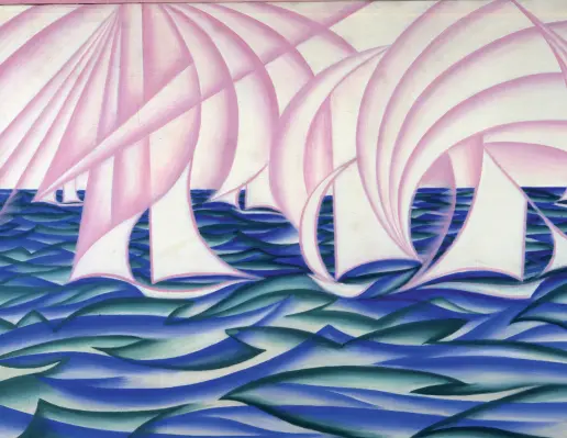  ?? ?? Opera Giacomo Balla «Velmare o Mare cielo vele», 1919 Olio su tela (Reggio Emilia Collezione­Credem)