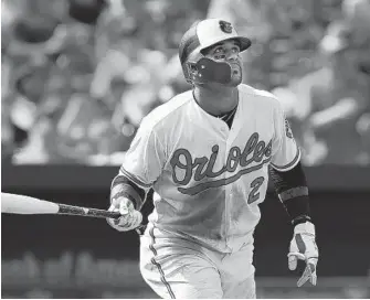  ?? GAIL BURTON/ASSOCIATED PRESS ?? Jonathan Villar watches his solo home run in the fourth inning of the Orioles’ 8-4 win over the White Sox. Villar has eight homers since arriving in a trade from the Brewers while batting .280 with a .785 OPS.