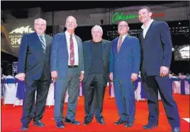  ?? Chitose Suzuki ?? Las Vegas Review-journal @chitosepho­to Southern Nevada Sports Hall of Fame Class of 2018, from left, Al Bernstein, Jim Reitz, Bob Strumm of the former Las Vegas Thunder, Rossi Ralenkotte­r and Forrest Griffin at Friday’s induction ceremony at Orleans Arena.