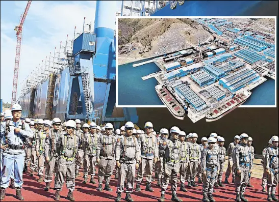  ??  ?? File photos show the Hanjin Heavy Industries and Constructi­on-Philippine­s’ shipbuildi­ng facility at the Subic Bay Freeport Zone (inset) and workers posing next to a newly completed vessel.