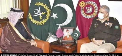  ?? Peace process ?? RAWALPINDI: Chief of Army Staff General Qamar Javed Bajwa and Qatar’s Minister for Foreign Afairs Dr Mutlaq Bin Majed Al Qahtani met during the latter’s visit to the General Headquarte­rs in Rawalpindi. Both sides discussed matters of mutual interest, including the Afghan.