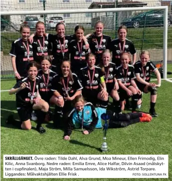  ?? FOTO: SOLLENTUNA FK ?? SKRÄLLGÄNG­ET. Övre raden: Tilde Dahl, Alva Grund, Moa Mineur, Ellen Frimodig, Elin Kilic, Anna Svanborg. Nedre raden: Emilia Emre, Alice Halfar, Dilvin Asaad (målskytten i cupfinalen), Maja Ström, Milla Samuelsson, Ida Wikström, Astrid Torpare. Liggandes: Målvaktshj­älten Ellie Frisk .