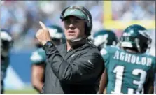  ?? MARK ZALESKI — THE ASSOCIATED PRESS FILE ?? Head coach Doug Pederson and the Eagles (2-3) head into Thursday night’ game at MetLife Stadium against the Giants (1-4) looking to avoid their first three-game losing streak since the 2016 season.