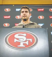  ?? Tony Avelar / Special to The Chronicle 2017 ?? Jon Gruden reintroduc­es himself to the Bay Area media after Raiders owner Mark Davis presented him as the head coach Tuesday. At right, Jimmy Garoppolo speaks in November before his first start with the 49ers.