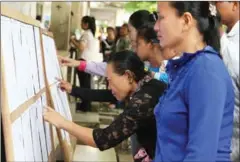  ?? HONG MENEA ?? People look for their names on a voter list for the national election held in 2013 in Phnom Penh.