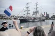  ?? — AFP ?? French 19th-century three-masted barque Belem sets sails from the Piraeus port, near Athens, with the Olympic flame on board to begin its journey to France on April 27, 2024, a day after Greece handed over the torch of the 2024 Games to Paris organisers.