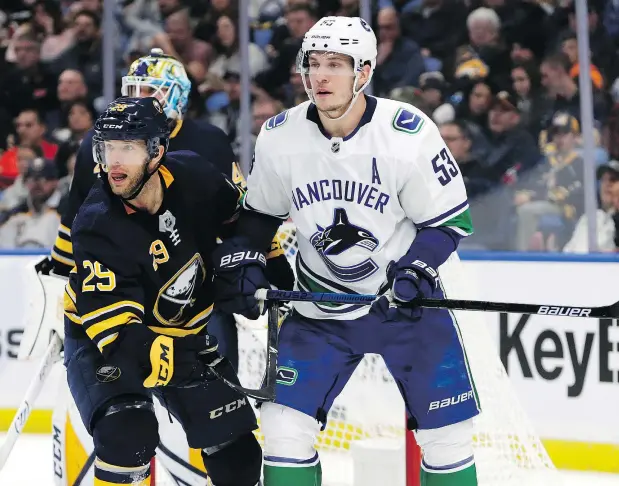  ?? — JEFFREY T. BARNES/THE ASSOCIATED PRESS ?? Vancouver Canucks centre Bo Horvat, right, says the team is displaying a strong work ethic, even in games that don’t go exactly as planned, like Saturday in Buffalo when Jason Pominville and the Sabres came from behind for a shootout victory.