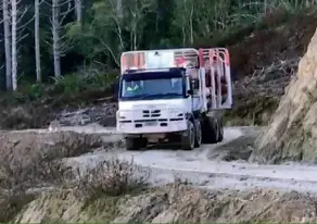  ??  ?? This blurry shot is taken from a video showing the Tatra climbing a steep track – much steeper than it looks, says FOMS’ Marcus Musson. Watch video on the NZ Logger Facebook page.