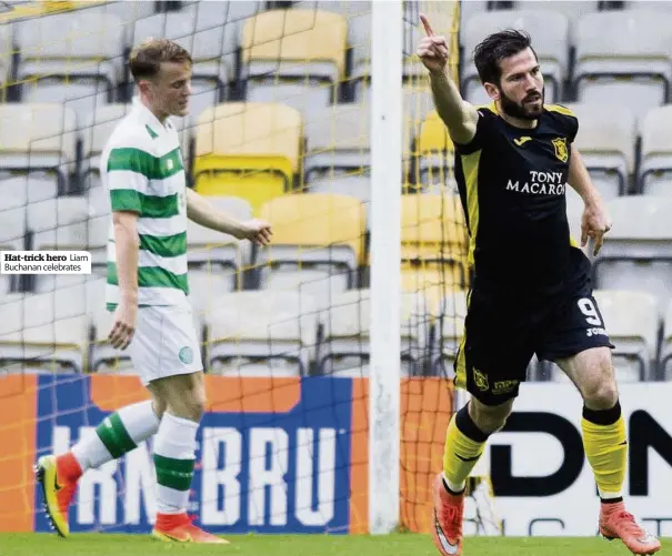  ??  ?? Hat-trick hero Liam Buchanan celebrates