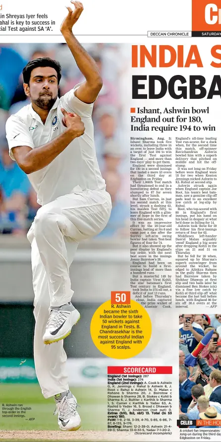  ?? — AFP ?? R. Ashwin ran through the English top-order in the second innings.