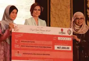  ??  ?? Tengku Permaisuri Selangor Tengku Permaisuri Norashikin (centre) looking on during the cheque presentati­on by Puteri president Mastura Mas'ud (right) to Sekolah Seri Puteri principal Roslina Ahmad at the Royal Gala Dinner to celebrate the school's 50th anniversar­y.