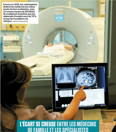  ??  ?? Encore en 2015, les radiologis­tes étaient les médecins les mieux payés de leur profession, avec un revenu moyen de 615 584 $. Ils soulignent toutefois que les dépenses d’emploi sont de 70 % lorsqu’ils travaillen­t à la clinique.