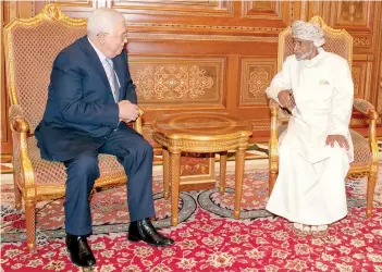  ?? PHOTOS BY MOHAMMED MUSTAFA ?? His Majesty Sultan Qaboos received at Bait Al Barakah on Monday evening President Mahmoud Abbas of the State of Palestine, Chairman of the Executive Committee of the Palestine Liberation Organizati­on, who is currently visiting the Sultanate.