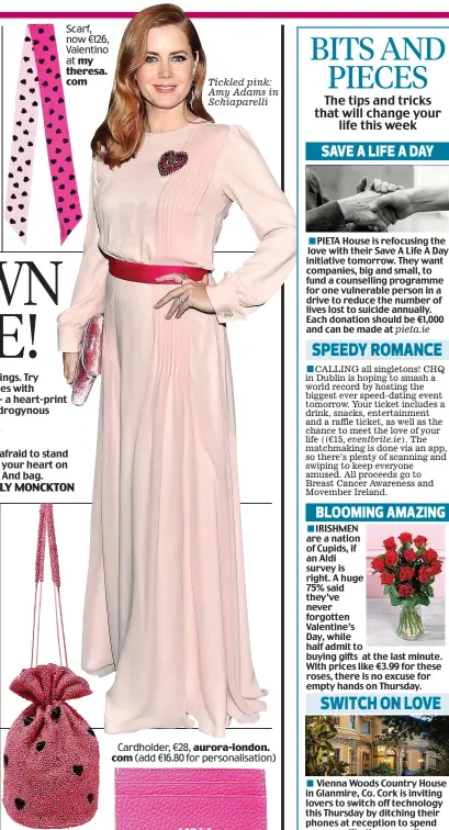  ??  ?? my theresa. com net-a-porter.comTickled pink: Amy Adams in Schiaparel­li Scarf, now €126, Valentino at Bag, €246, Ganni at