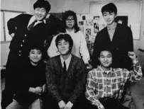  ??  ?? Hironobu Sakaguchi (front, centre), Nobuo Uematsu (front, left) and other members of the Cruise Chaser
Blassty team in March 1986. Pixel artist Kazuko Shibuya (back, centre) defined Final Fantasy’s in-game character style across the first six games.