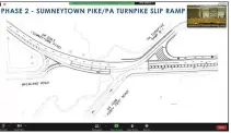  ?? SCREENSHOT OF ONLINE MEETING ?? A sketch plan shows Sumneytown Pike heading east-west at a slip ramp exit onto the Northeast Extension of the Pennsylvan­ia Turnpike, where a center through-lane on Sumneytown could be converted into an additional left-turn lane.