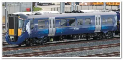  ?? JAMES GARTHWAITE. ?? Four-car 385104 displays the livery applied to the Class 385s. This is the second to be completed, with 385103 also treated. These two electric multiple units were built in Kasado (Japan) and completed at Newton Aycliffe, where the ‘385/1’ stands on...